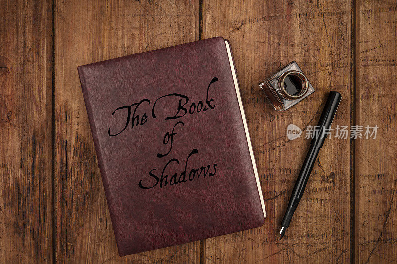 皮面日记本，书名为《阴影之书》，一本女巫的魔法书，笔墨精良