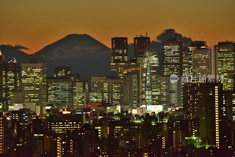 富士山和东京的天际线:白天和黑夜