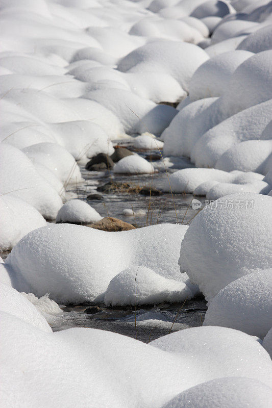 白色的雪堆环绕着小溪