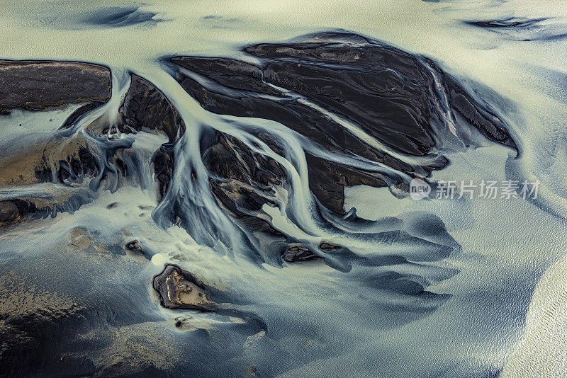 美丽的冰岛冰川河流流过荒凉的景观，从直升飞机拍摄