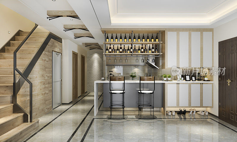 3d渲染斯堪的纳维亚阁楼现代厨房与餐厅区靠近楼梯