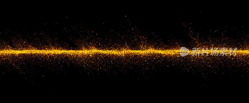 金色粒子抽象背景与闪光线地板地面粒子星尘。美丽的未来主义闪闪发光的空间在黑色的背景。