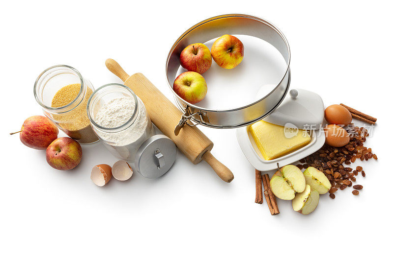 烘焙:苹果派的配料分离在白色背景上