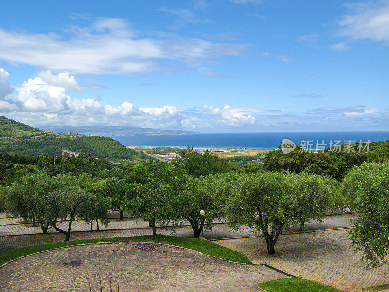 意大利，卡拉布里亚，雷焦卡拉布里亚的海岸线与海湾。有橄榄树的花园。