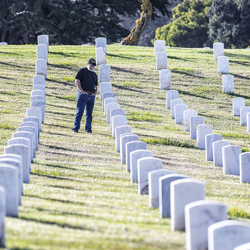 悲伤的越南战争美国海军老兵阅读军人公墓的墓碑