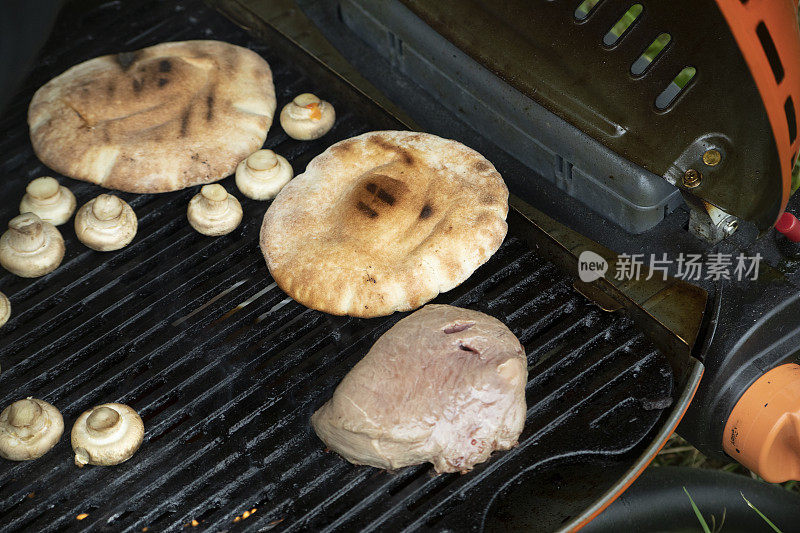 烤食物。野餐时使用燃气烤炉。野外野餐的细节。用于在火上油炸食物的网孔。