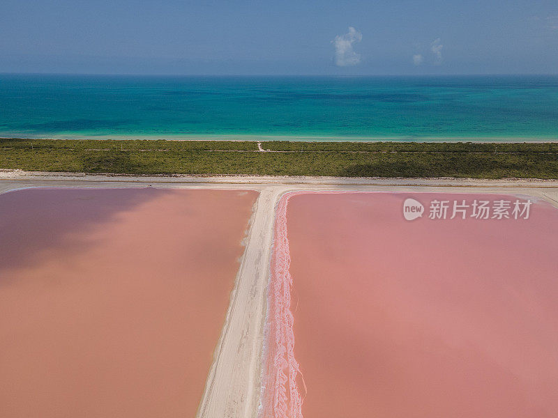 无人机拍摄的墨西哥粉色湖泊