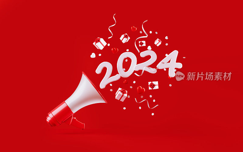 2024年从扩音器里出来，礼品盒、纸屑和派对彩带落在红色背景上