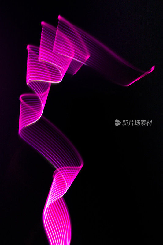 粉红色，紫色的霓虹波的光卷曲或漩涡与条纹在黑色的背景，垂直。抽象的背景，动感的线条，灯光绘画，现代风格的灯光效果。