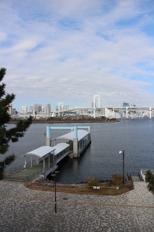 从日本东京台场海滨公园码头俯瞰彩虹桥