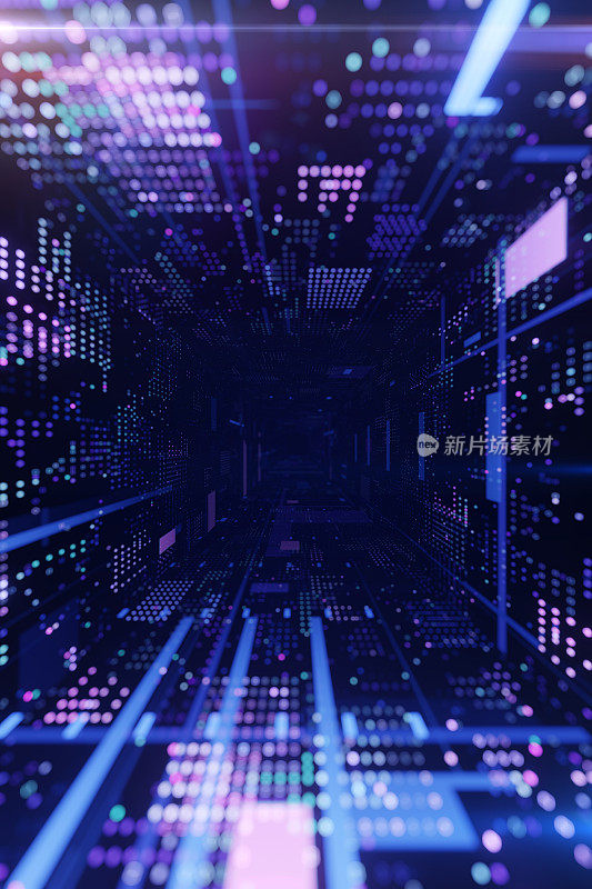 数据流概念。由抽象粒子组成的数字隧道，霓虹色