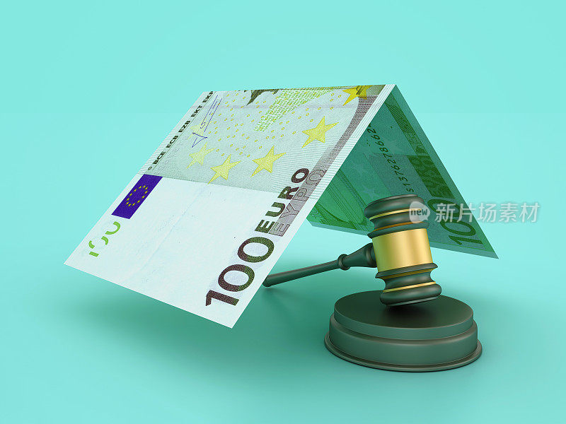 欧洲银行纸币屋顶的法律木槌