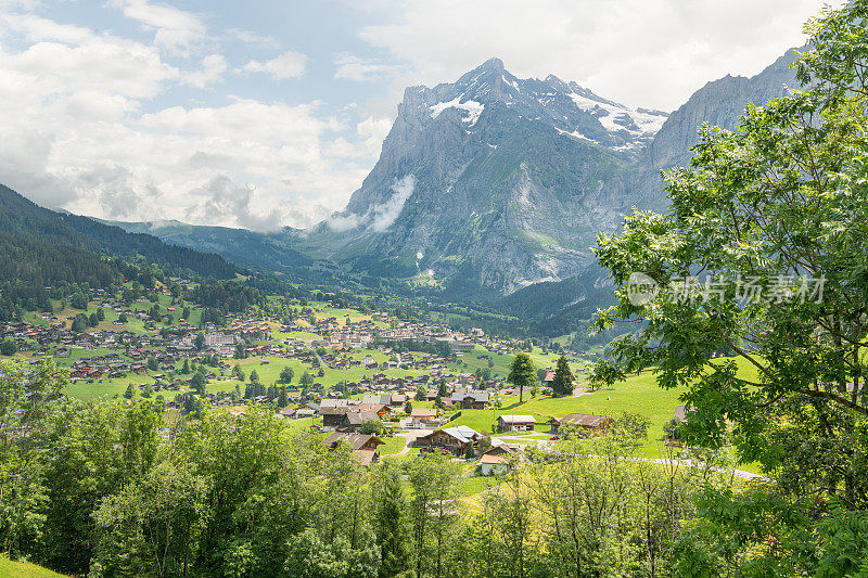 格林德沃的景色，前景是高山草地，背景是雄伟的米特尔霍恩山。阴天的夏天，暴风雨即将来临。瑞士阿尔卑斯山景。