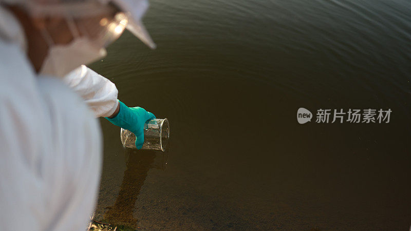 生物学家检查水样是否感染。戴着手套的手与烧杯和试管在湖，河，海的背景。污染生态、环境