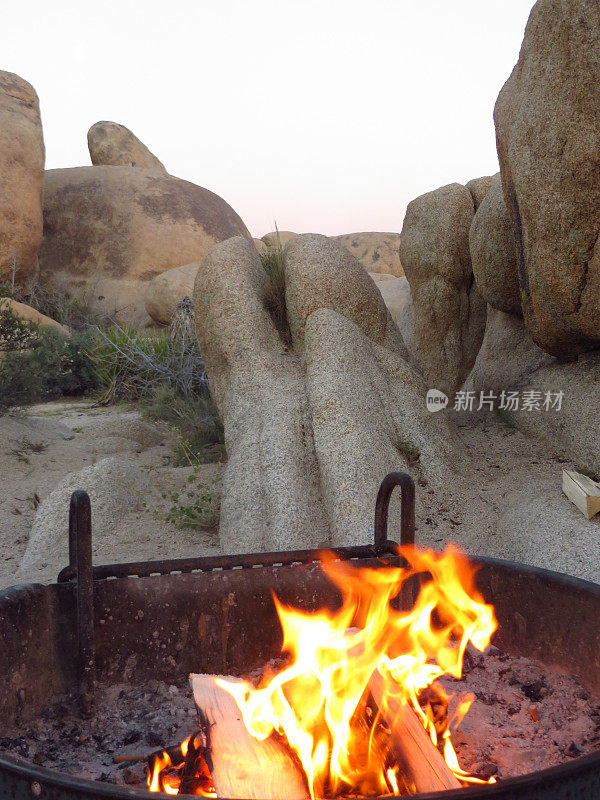 加州沙漠露营地的火坑里的篝火