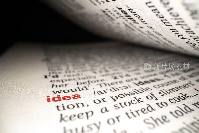 英文字典页面特写与单词的想法。