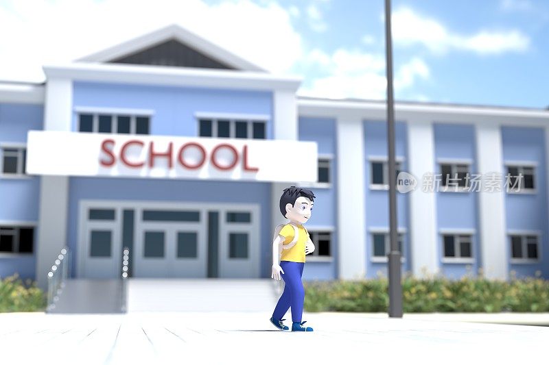 卡通男孩去上学