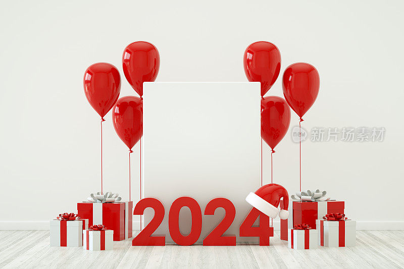 2024新年圣诞，白色的空框架和气球