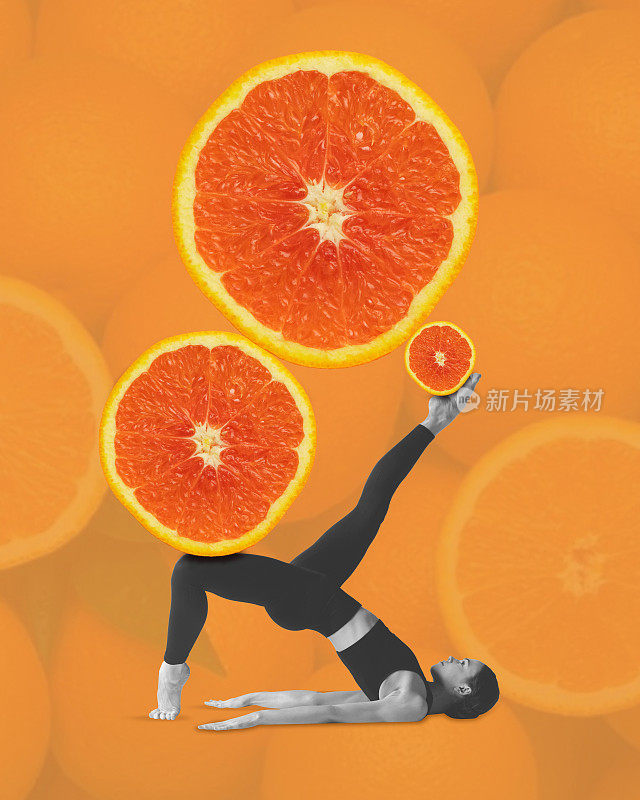 在橙色背景下做伸展运动的年轻女子正在进行苗条的身体训练。柑橘类维生素。当代艺术拼贴。