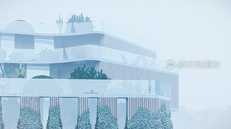 建筑师数字化生成的图像详细放大了一个雾天里带有屋顶花园的新绿色办公大楼