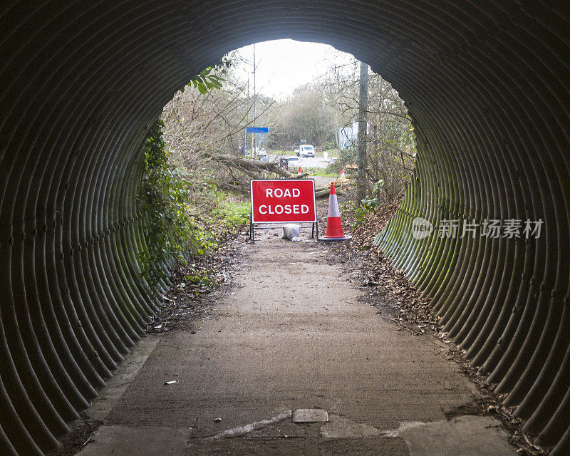 道路封闭的标志，由于在暴风雨后倒下的树