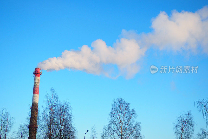 从工厂烟囱冒出来的烟。生态污染。空气排放污染森林。工业废料。工业冶金厂排放。雾霾和恶劣的生态。冬季集中供热。