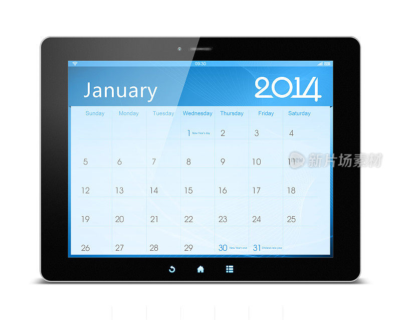 2014年1月数字平板电脑上的日历