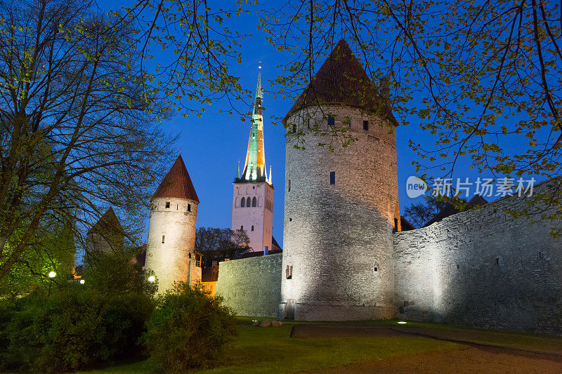 爱沙尼亚塔林夜晚的历史城墙