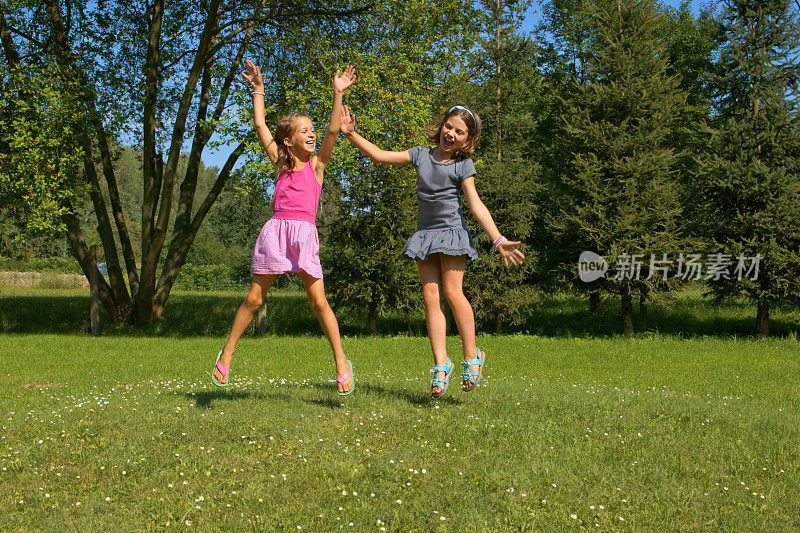 孩子们，女孩们在草地上尽情欢笑