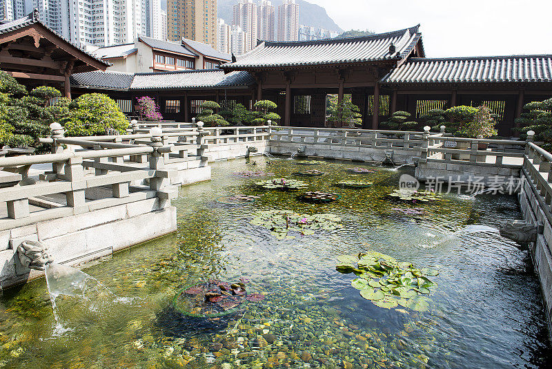 中国寺庙的水池