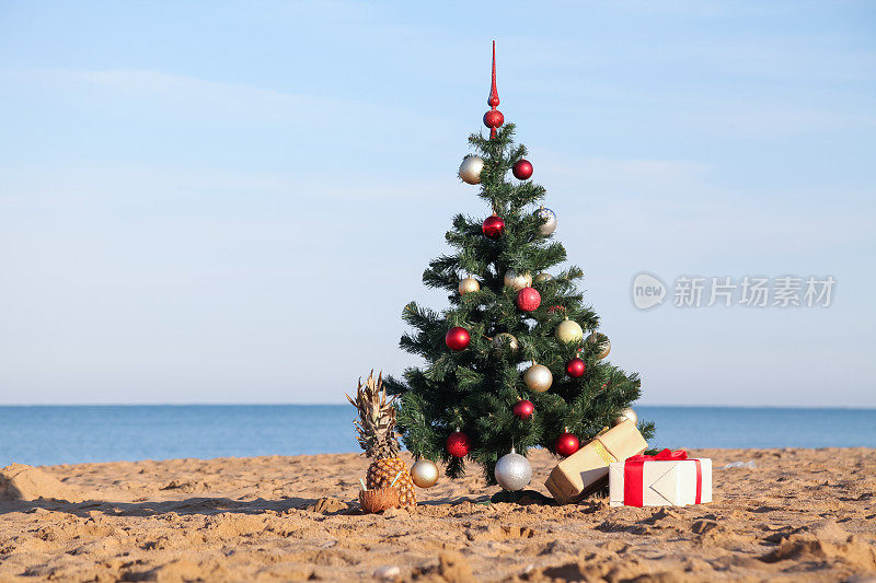 热带海滩假日的圣诞树