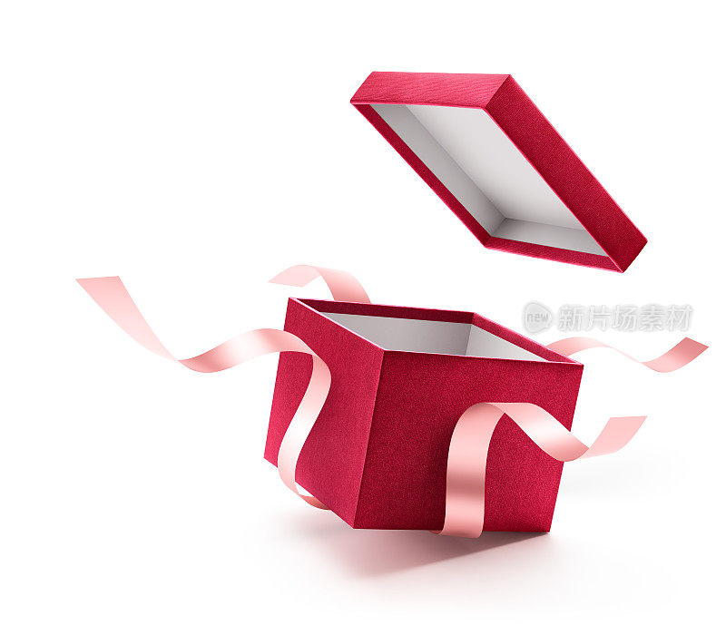 红色打开礼盒丝带孤立在白色背景