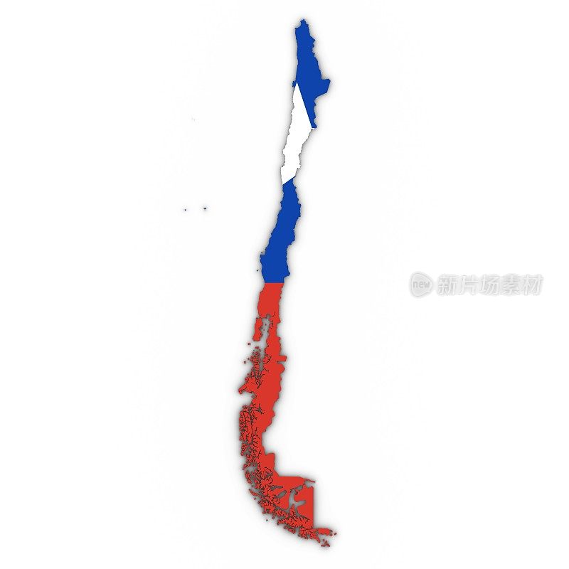 智利地图轮廓与智利国旗在白色与阴影3D插图