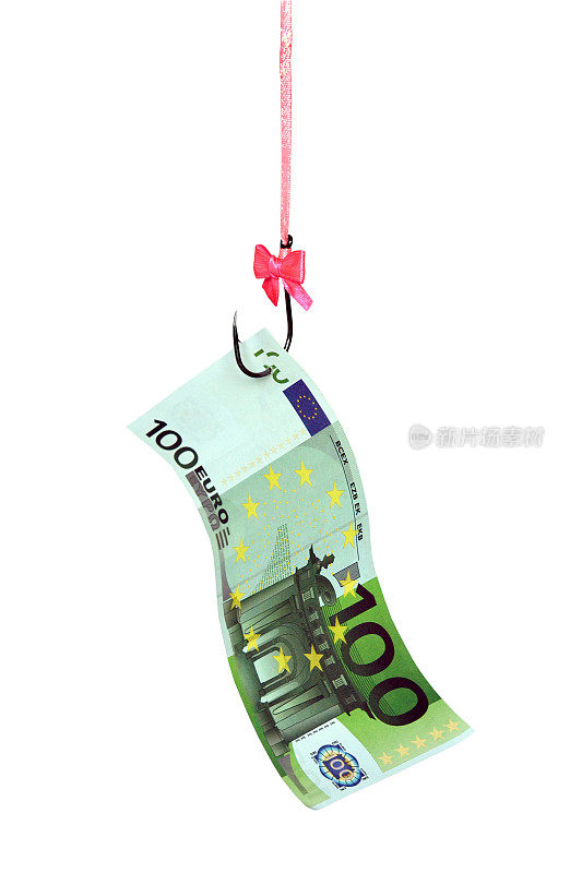 在鱼钩上的欧元纸币，上面有一个漂亮的弓