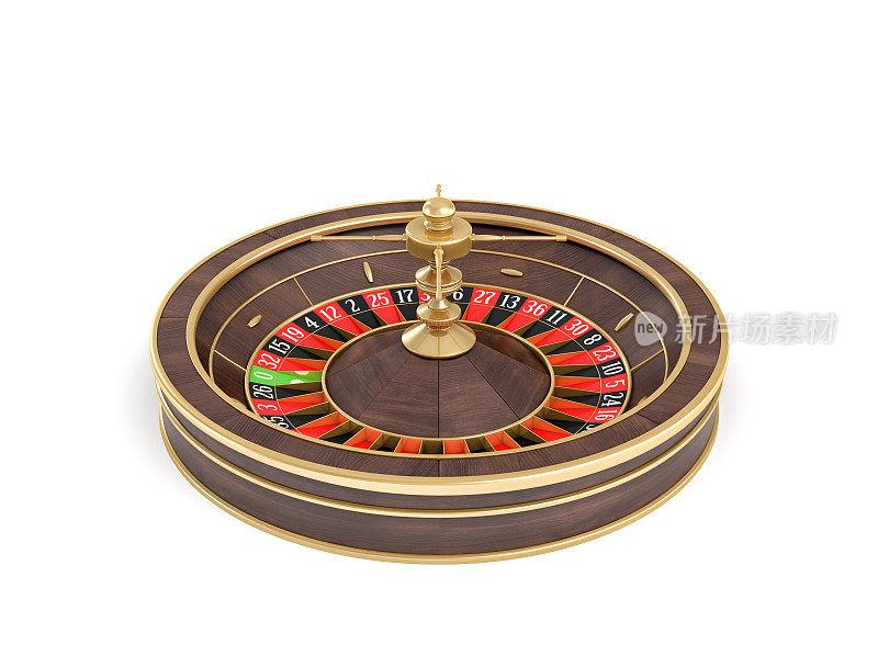 一个木制的赌场轮盘的3d渲染与金色的装饰站在前面的看法在一个白色的背景。