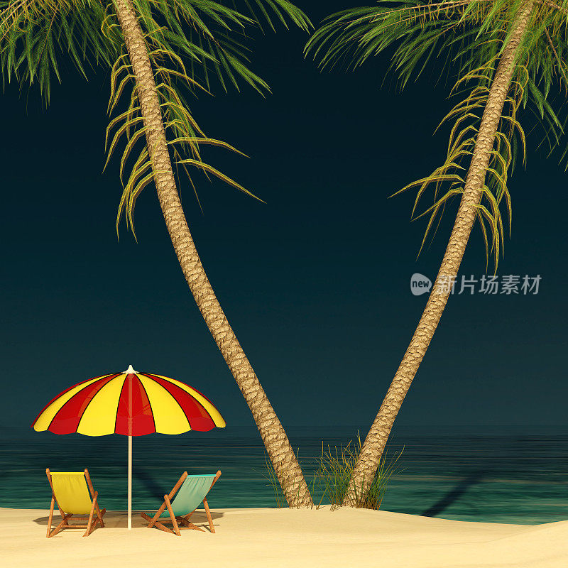 海滩甲板椅子和雨伞