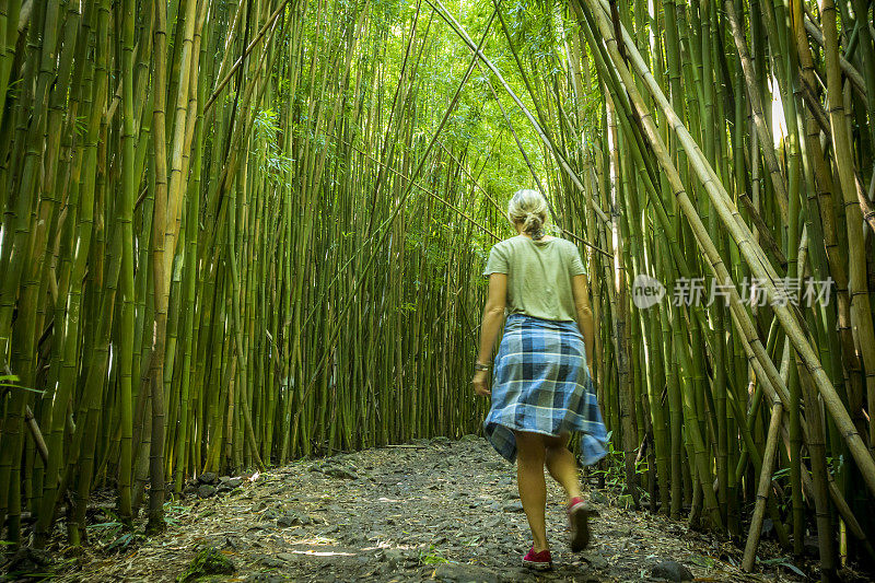 一名妇女在毛伊岛的竹林中行走。