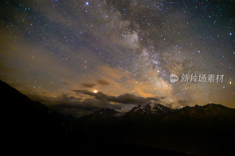 银河之上的瑞士阿尔卑斯山冰川和山脉