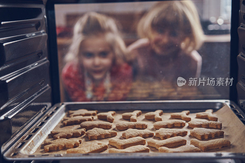 等待圣诞饼干在烤箱里烤的小女孩