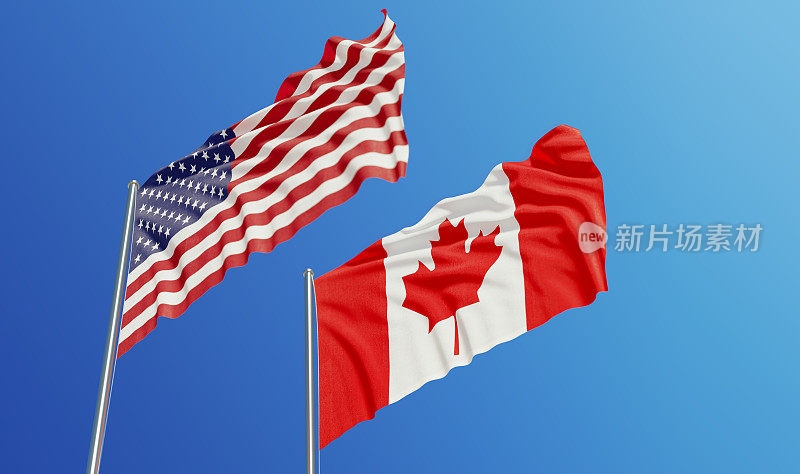 美国和加拿大迎风飘扬的旗帜