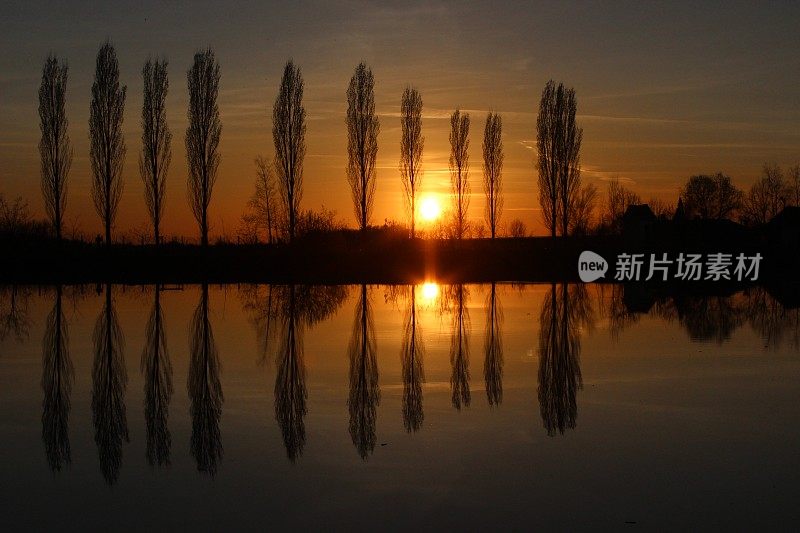 夕阳西下，树木倒映在湖面上