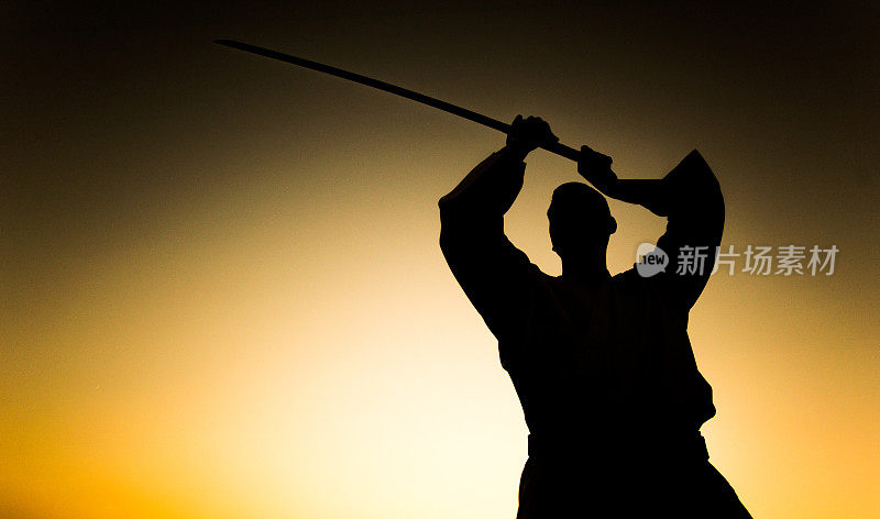 武术家以格斗姿态手持武士刀的剪影。