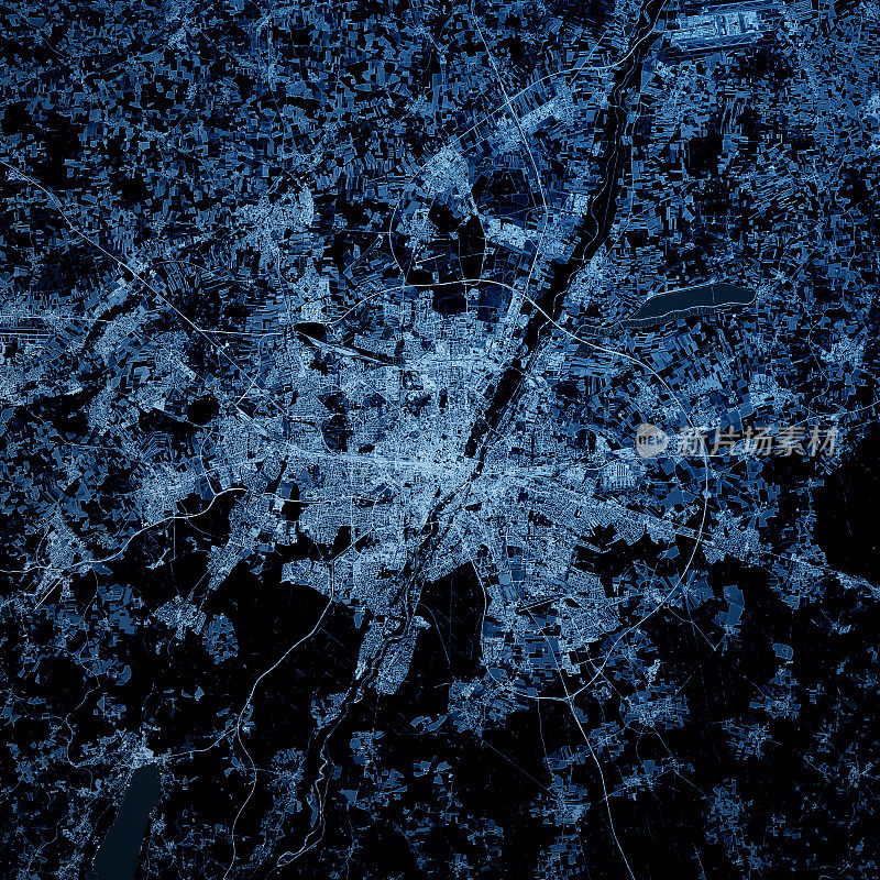 德国慕尼黑3D渲染地图蓝色俯视图2019年9月