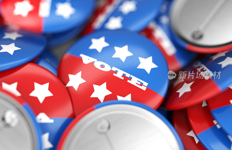 投票选举徽章按钮，投票美国，3D渲染