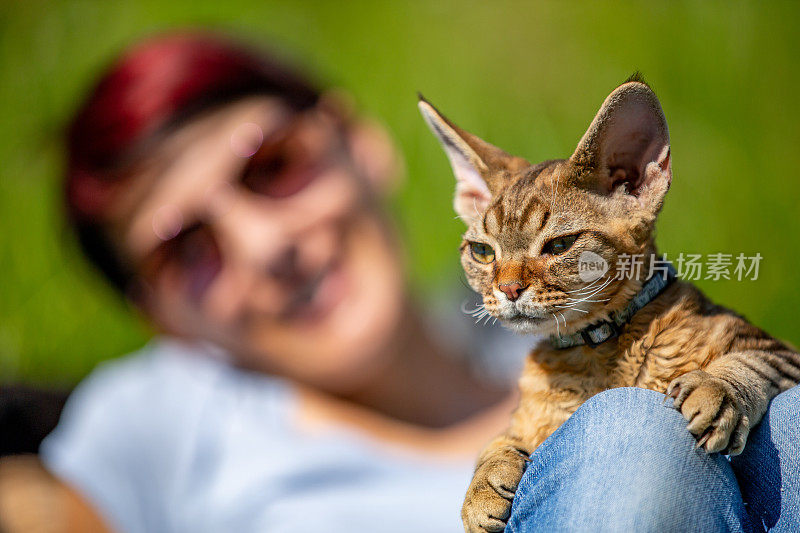 微笑的成年妇女放松户外与她的德文郡雷克斯小猫-库存照片