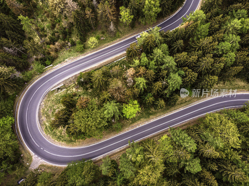 高山森林和蜿蜒的道路(鸟瞰图)