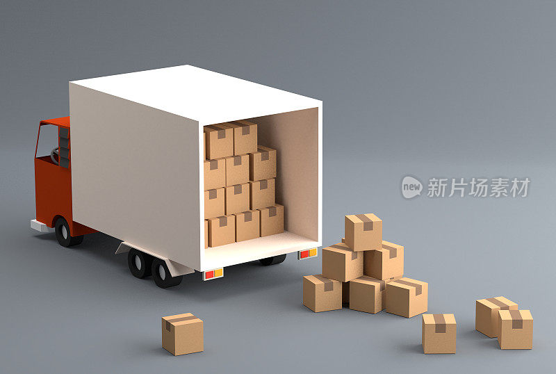 包裹物流及货物装车、货物运输、货车与纸板箱三维效果图