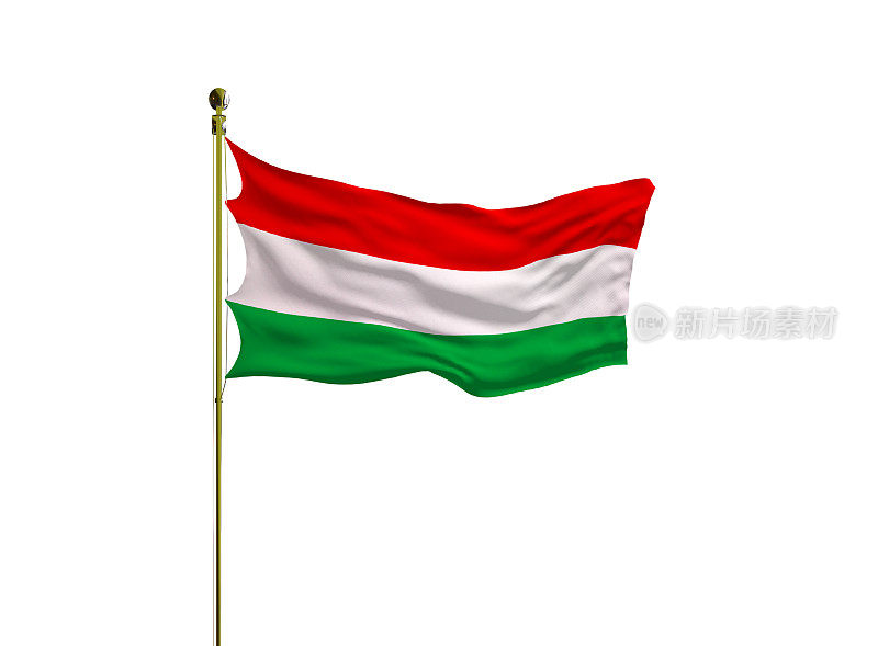 一根旗杆上的匈牙利国旗在白色背景上孤立地摆动