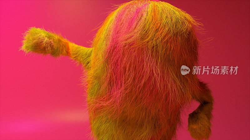 欢快多彩的毛茸茸卡通舞蹈人物，毛茸茸的动物，玩得开心，毛茸茸的吉祥物3d插图。现代极简设计。闪烁的霓虹俱乐部灯