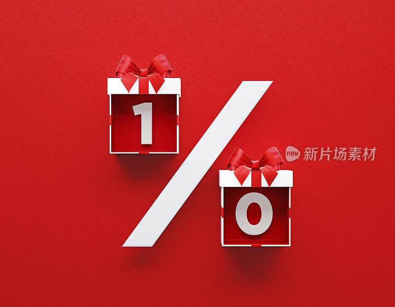 10%折扣-白色礼品盒系红丝带形成一个百分比标志在红色背景